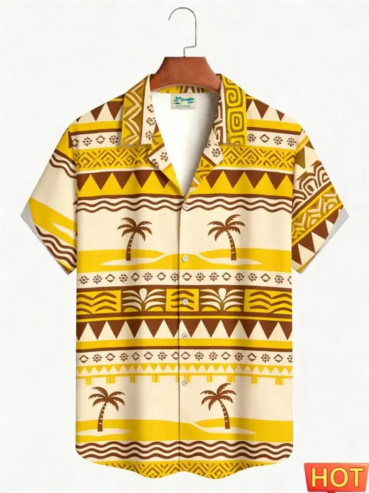 Camisas Havaianas Vintage para Homens, Blusas com Estampa Étnica e Gola Lapela, Moda Casual Feminina, Tops Oversized de Manga Curta