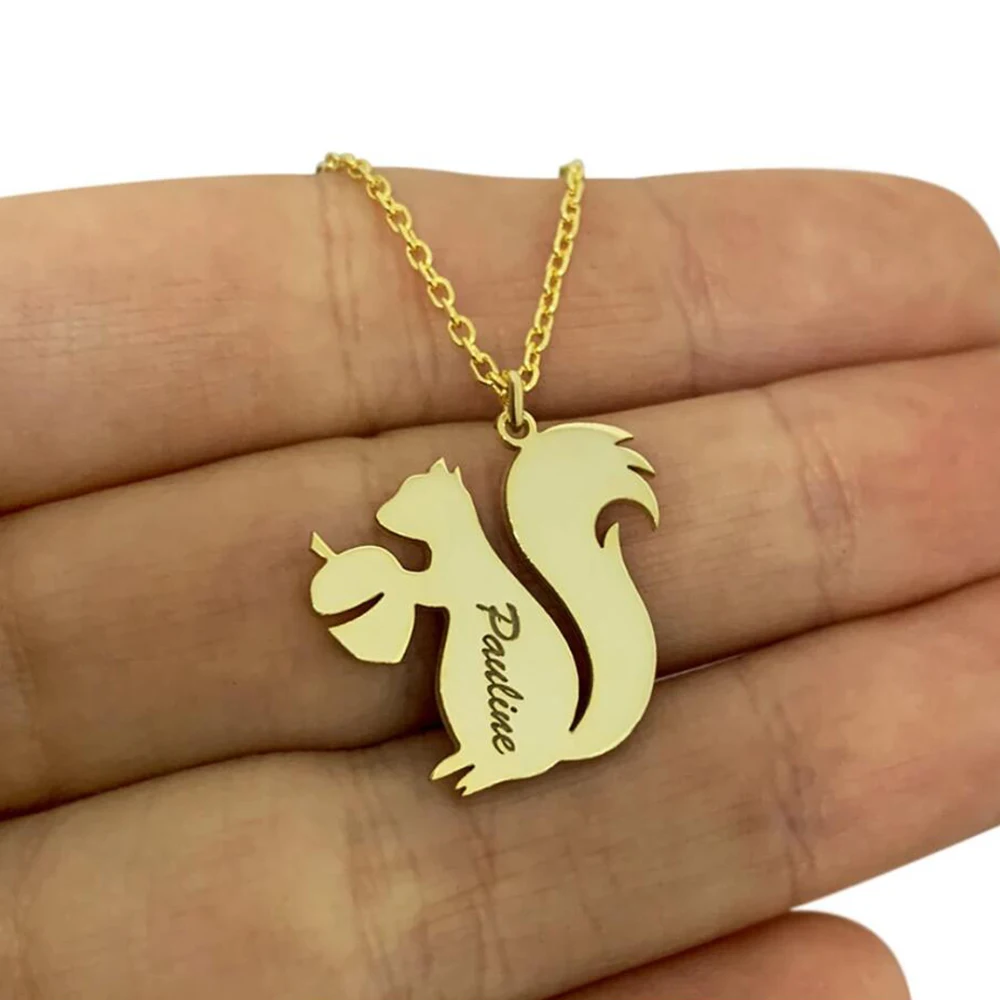 Stainless Steel Gold-Plated Squirrel Pendant, Customizable Name, Simple Daily Jewelry for Animal Enthusiasts