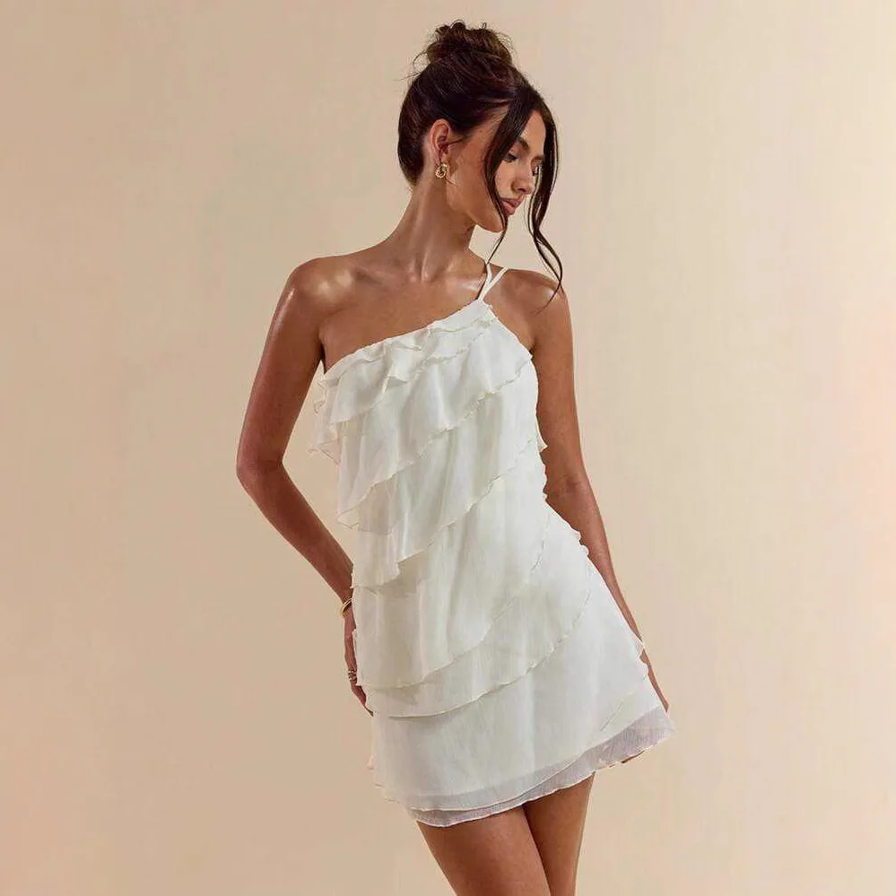 Verão praia férias cor sólida damasco em camadas folha de lótus bolo mini vestido feminino amazon 2025tk comércio exterior