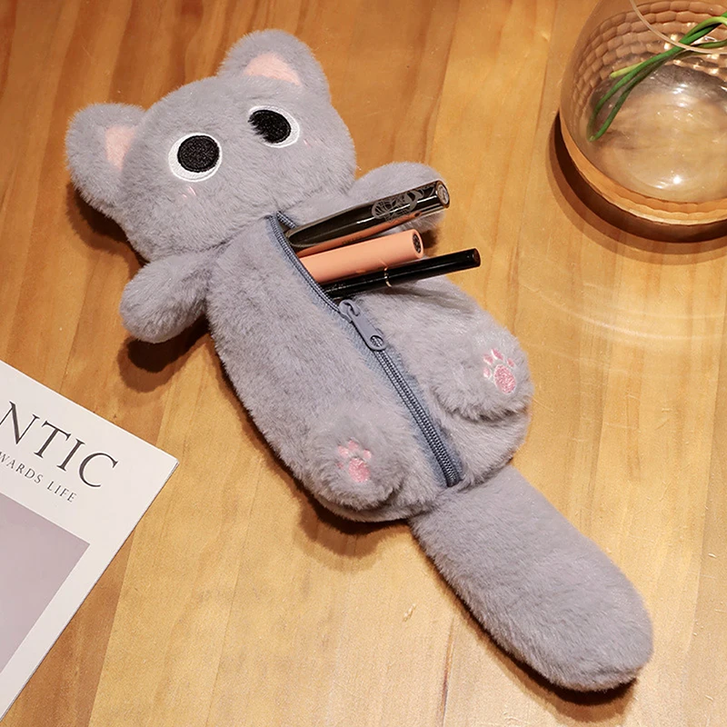 1pc Cute Gray Fluffy Kitten Pencil Case Desktop Large-capacity Student Stationery Pencil Case Large-capacity Pencil Case