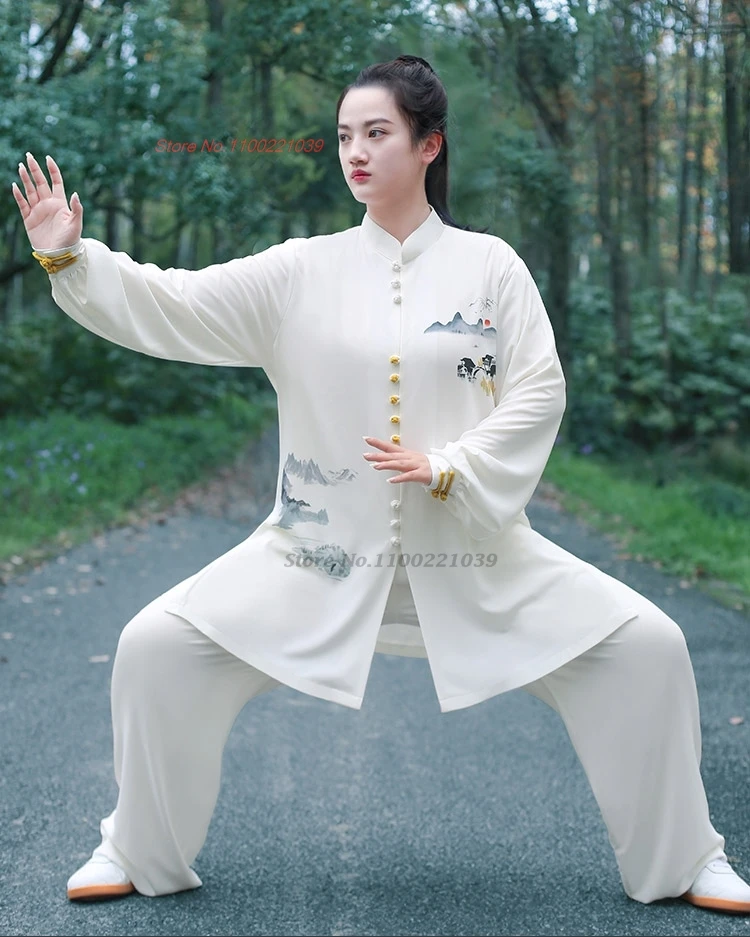 

2024 chinese tai chi wushu uniform flower print kung fu suit taijiquan martial arts wingchun set morning practice sport clothing