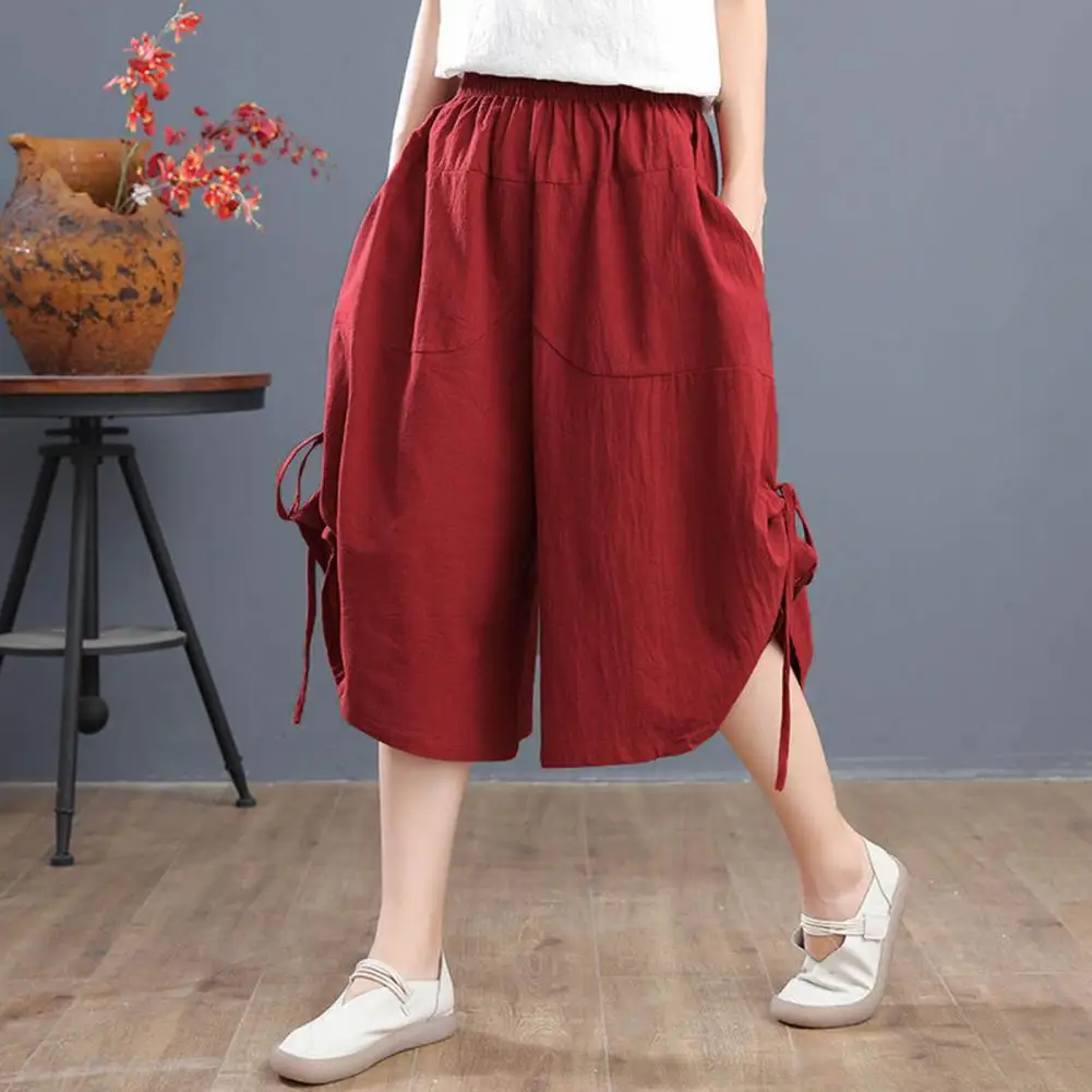 Women Cropped Pants Summer Cotton Linen Elastic Waist Pocket Womenswear Ruffle Ladies Wide Legs Loose Trousers Pantskirt