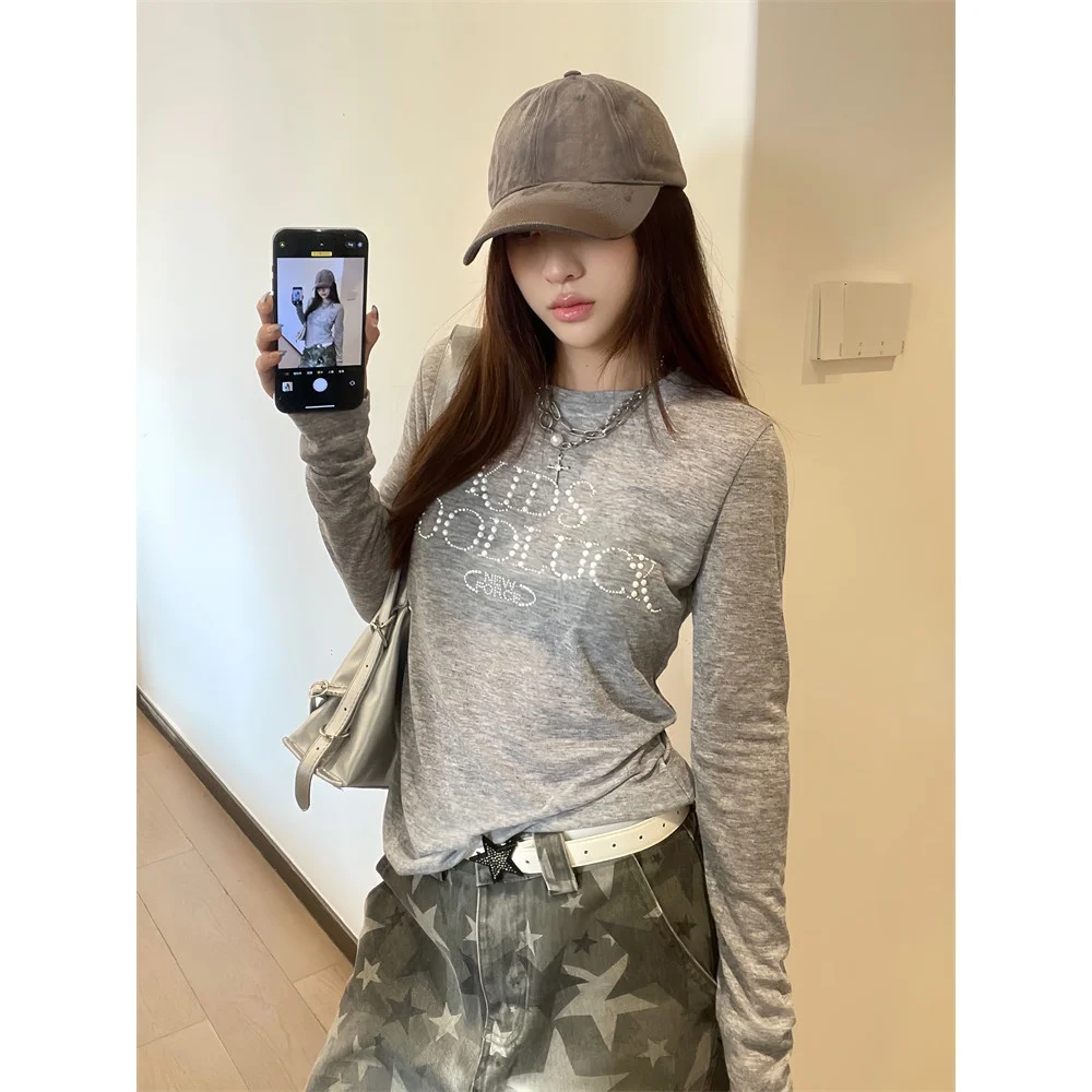 Retro American Rhinestone round Neck Long Sleeve T-Shirt Cover up Women Early Autumn New Super Beautiful Unique Lovely Top