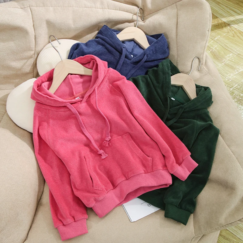 Chic Cotton Terry Cloth Children's Hoodies Casual Loose Long-Sleeved Boys And Girls Pockets Hoodied Sweatshirt Autumn Clothes