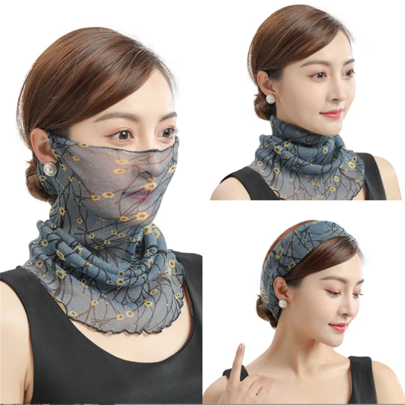 Fashion Face Cover Masks Women Silk Bib Neck Cover Sun Protection Hanging Ear Veil Summer Scarf Mesh Headband