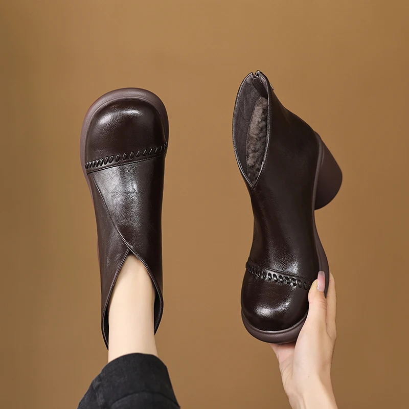 2026 new autumn winter women ankle boots natural leather plus size 22-25cm split leather+wool thick heel back zip short boots