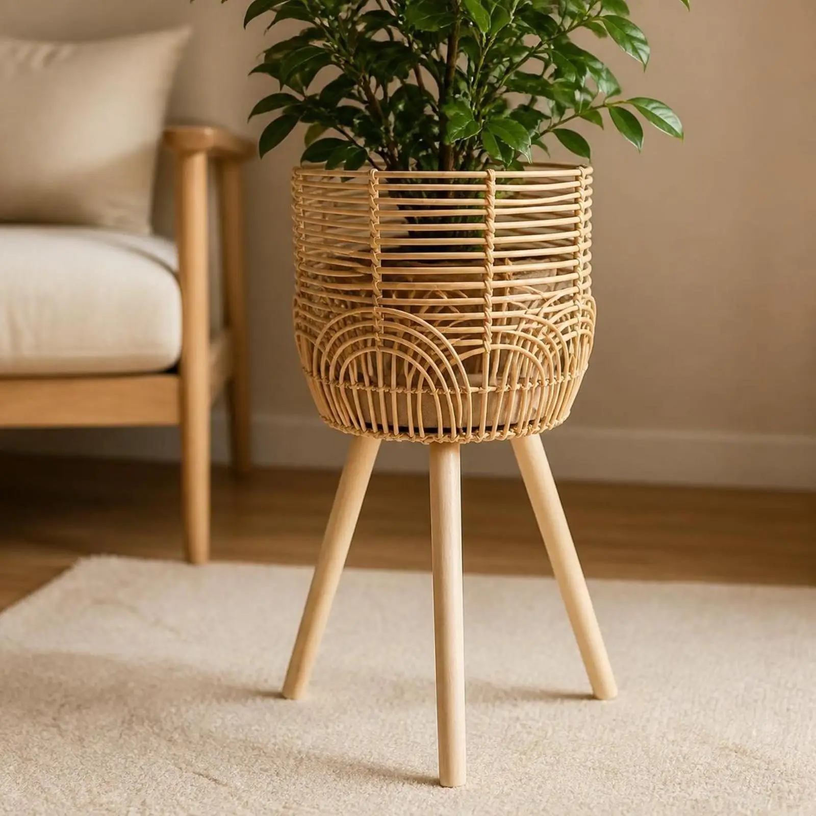 Tripod Woven Plant Shelf Stand for Indoor Potted Plants Garden Decor Furniture