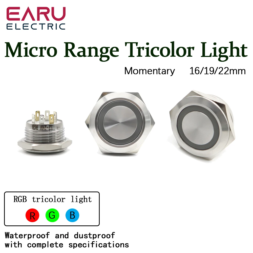 3 Triple Color RGB LED Light Mirco Switch Short Stroke Momentary Self-reset 16 19 22mm Waterproof Metal Push Button Switch Blue