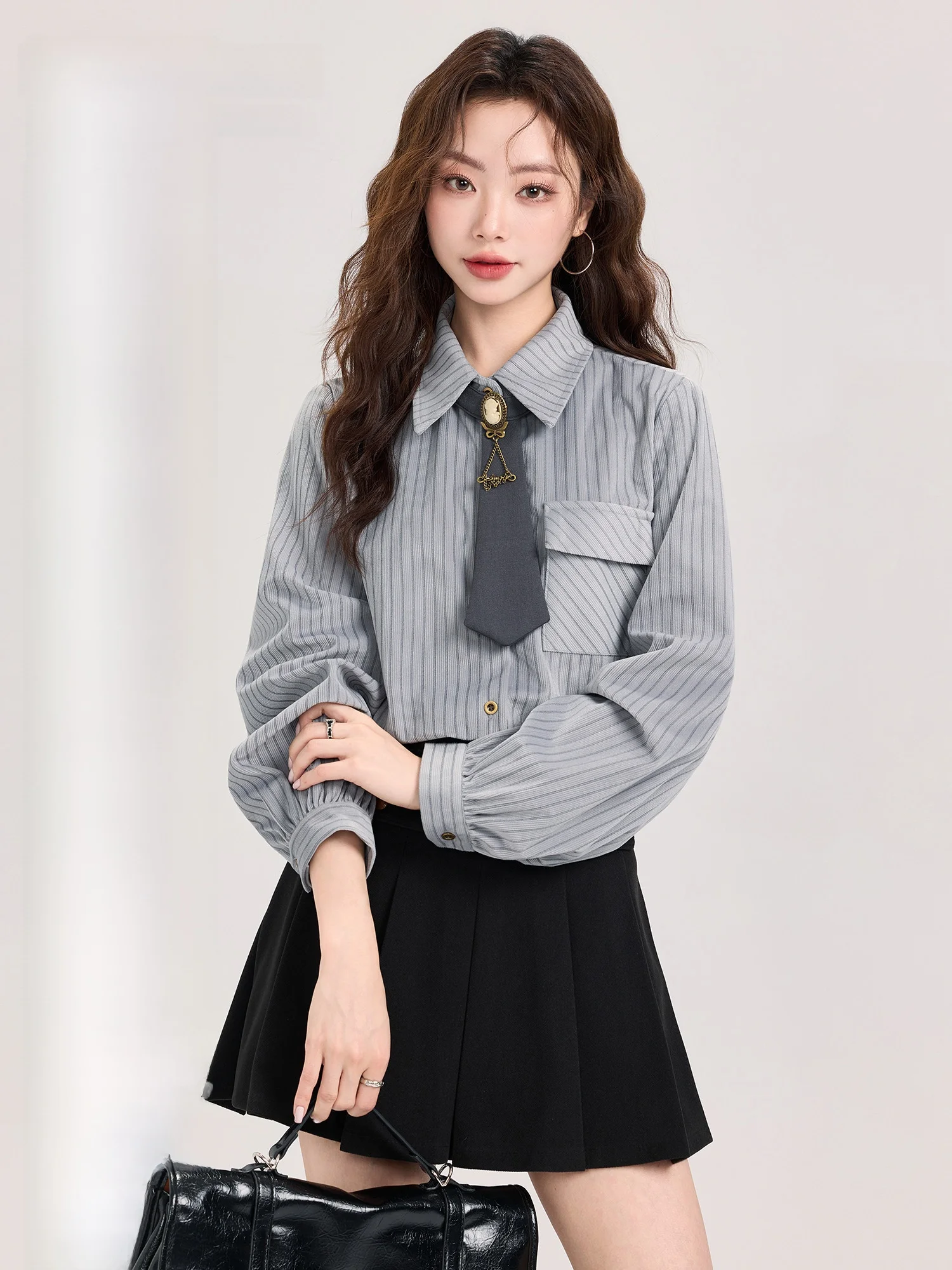 

Meng Xiaoqi Women's Striped Long Sve irt Classic Preppy Sle Spring Faion Design Retro College Wind Top