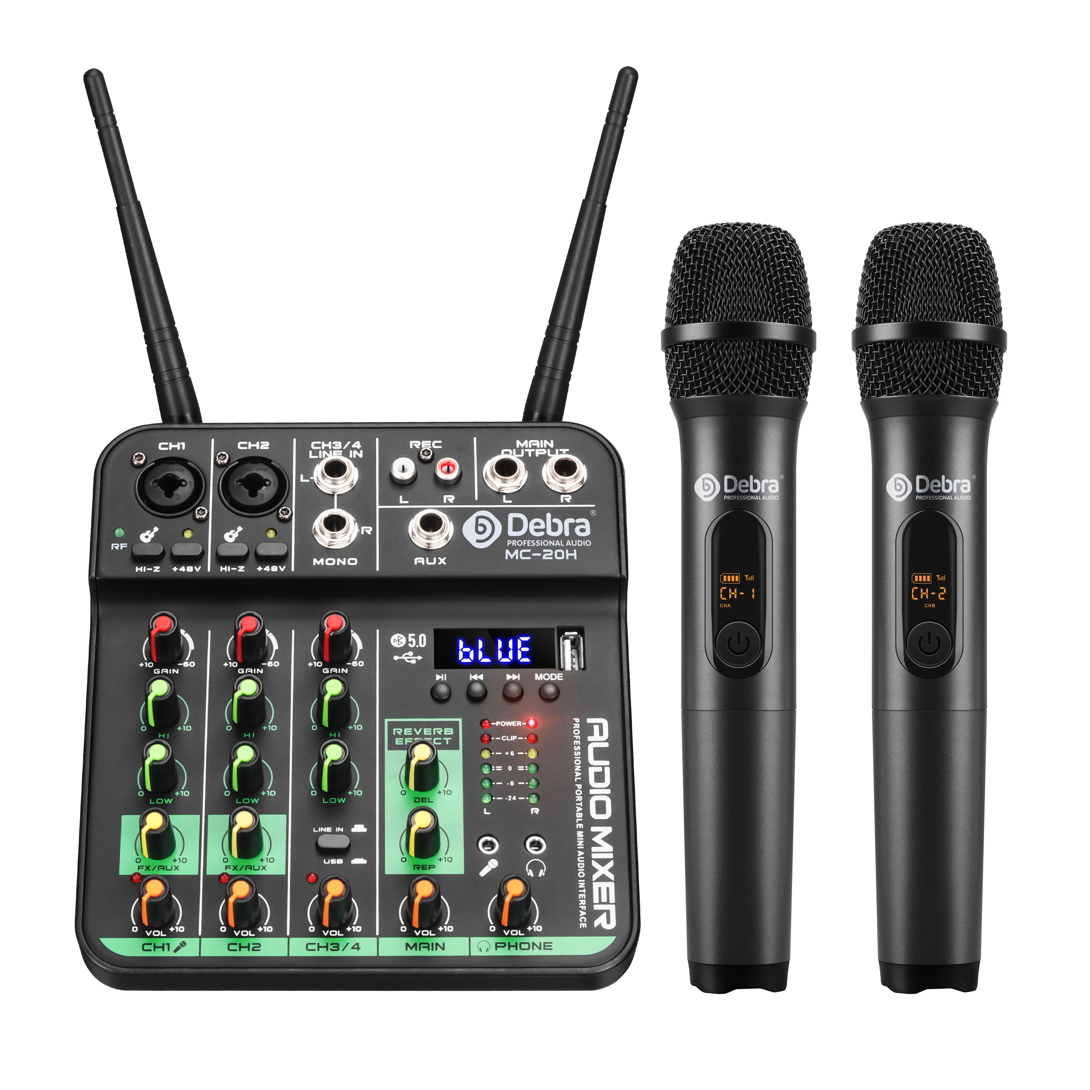 Audio Mixer With 2 Wireless Microphone Soundcard 4 Channel UHF USB Delay Repaeat Effect Sound Mixing Console PC Recording