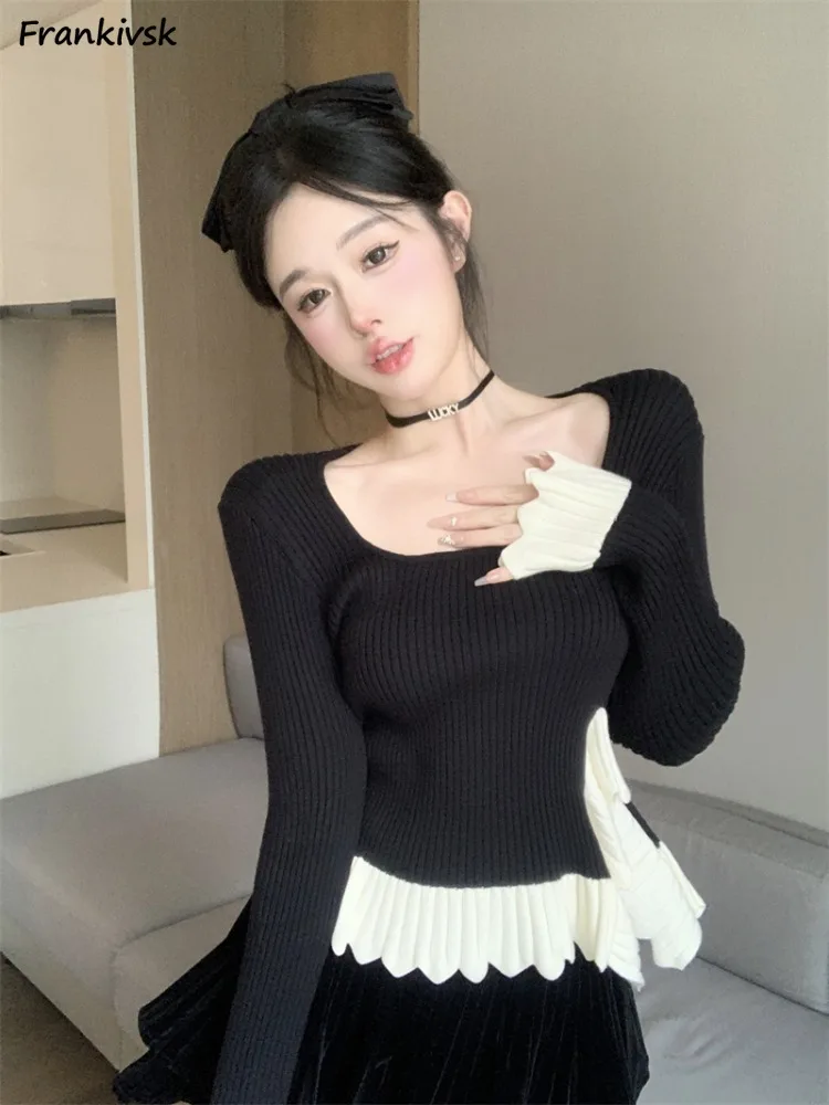 Retro Sweaters Women Slim French Style Square Collar Stretchy Spliced Knitwear Prevalent Minimalist Elegant All-match Daily Ins