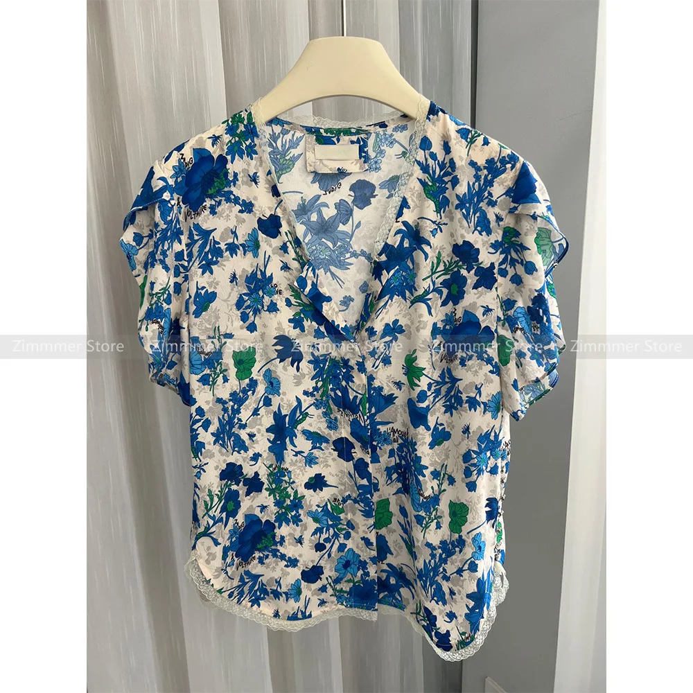 

French design 2024 early autumn new hem lace stitching blue printed flower short-sleeved V-neck shirt top