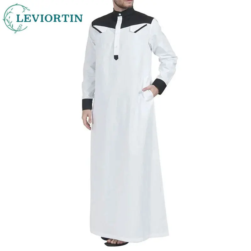 Men's fashion versatile patchwork color blocked stand up collar door tube loose fit Muslim long sleeved robe Middle Eastern robe