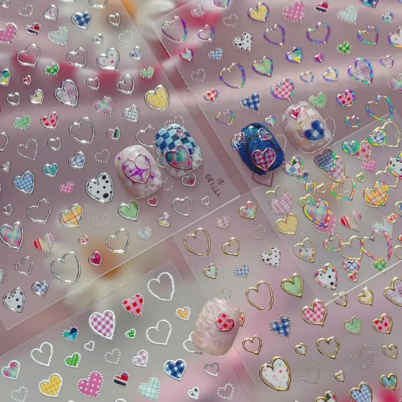 

Heart-shaped Nail Stickers Valentine's Day Colorful Checkered Nails Art Sticker Decorations DIY 3D Self Adhesive Manicure Decals