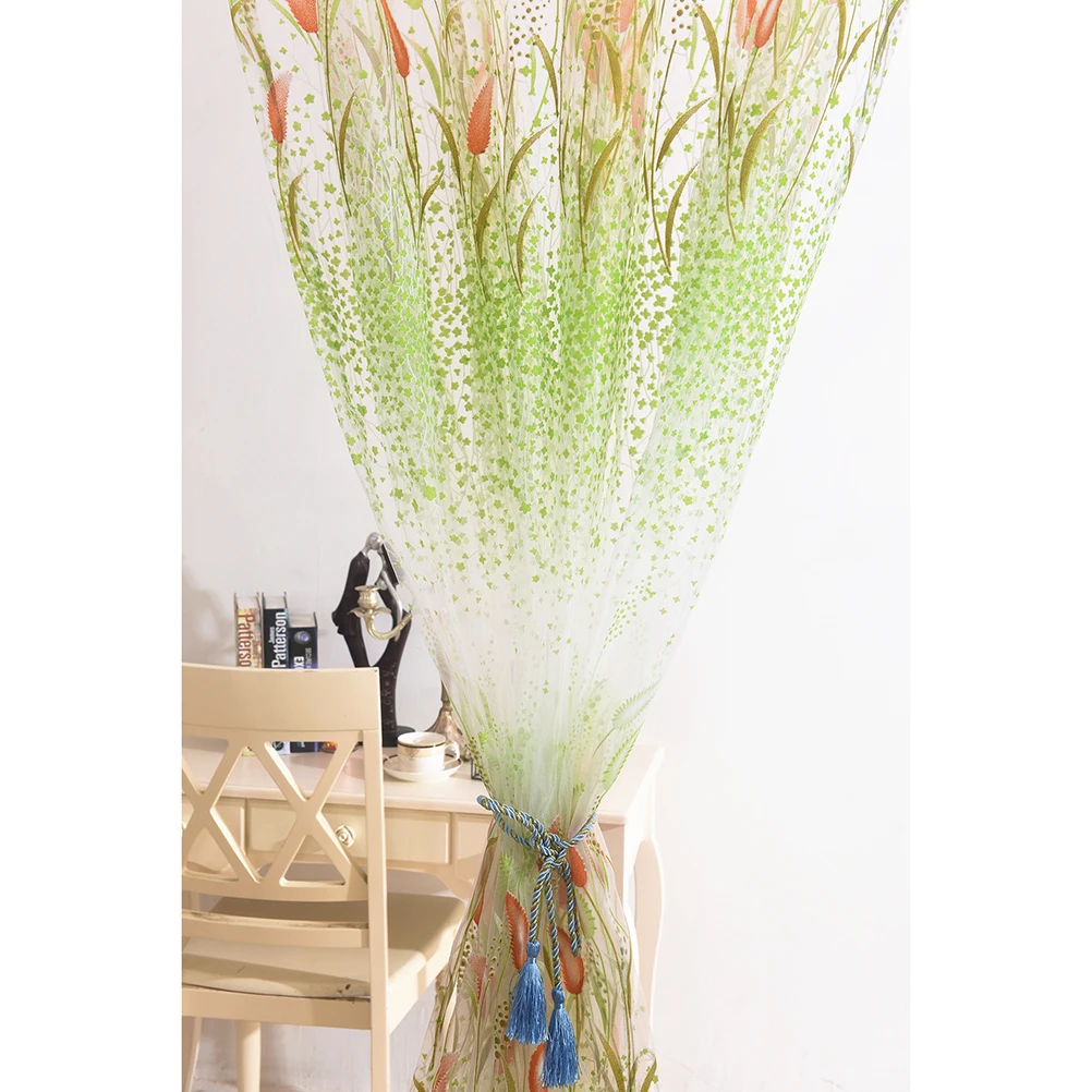 

Premium Gauze Sheer Curtains Green Decorative Door Scarf Tear Resistant Household Grass Print Privacy Natural Light