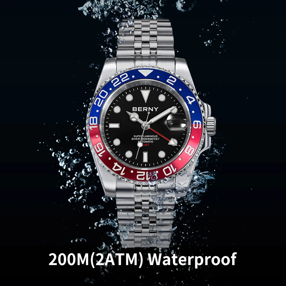 BERNY Men 20ATM Diving GMT Watch NH34 BERNY Automatic Self-Wind Wristwatch Super Luminous AR Sapphire Luxury Sport Watch For Men