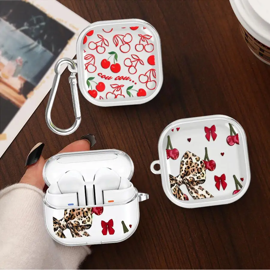 Cherry Leopard Bow Seamless Pattern Clear Earphone Cases Cover With Hook Case For Redmi Galaxy Buds 6Active 8 Lite 8Active 5 7 6
