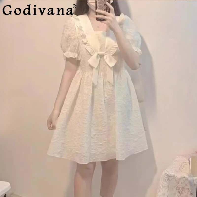 

Женское летнее платье больших размеров для колледжа с милым бантом и короткими рукавами, японское трапециевидное белое модное универсальное платье принцессы с высокой талией