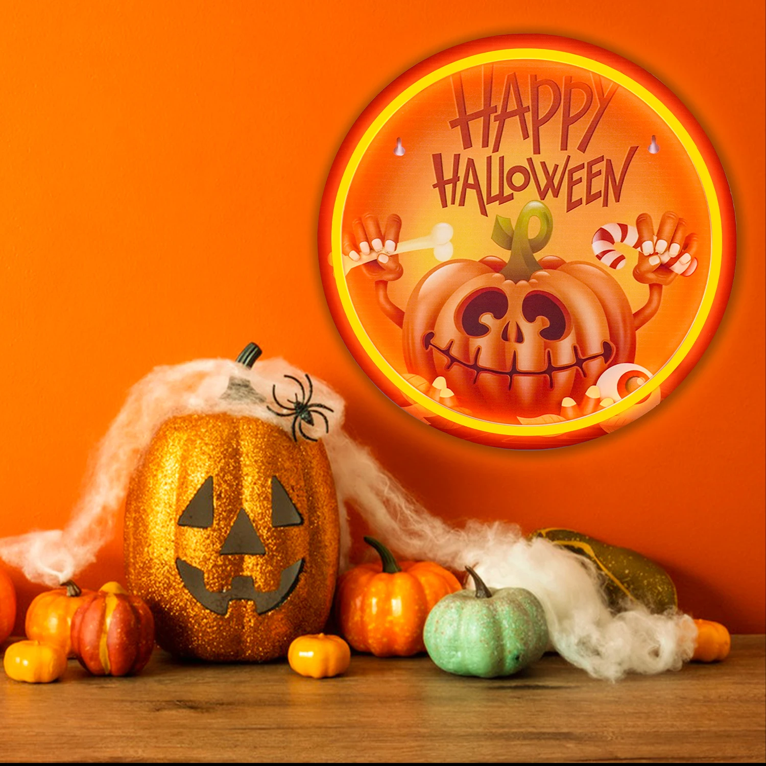 ป้ายไฟนีออนรูปฟักทองฮาโลวีน แบบพิมพ์ UV ใช้พลังงานจาก USB สำหรับตกแต่งผนังห้องครัว บาร์ ห้องนอน งานปาร์ตี้ฮาโลวีน