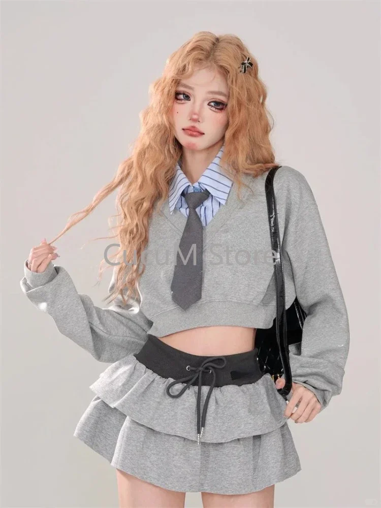 2024 New American Vintage 2-częściowy zestaw E-girls Patchwork Y2k Sweatershirt Tops + Sweet Fashion Mini Skirt Hoodie Women Design