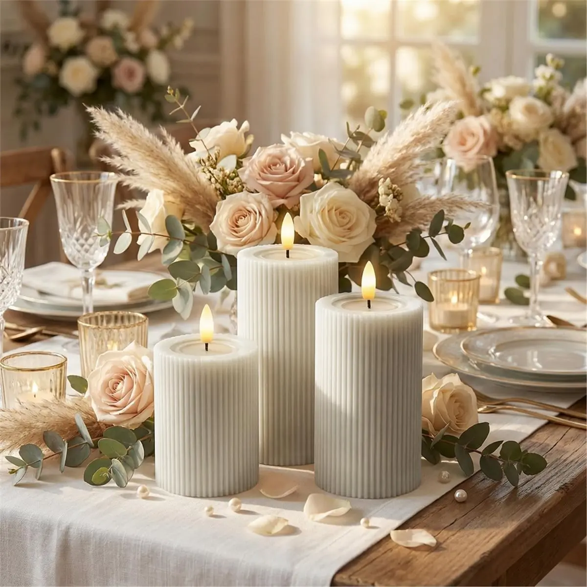3pcs Fluted Ribbed LED Electronic Candle Lights Pillar Candles Set - Elegant Flameless Decor