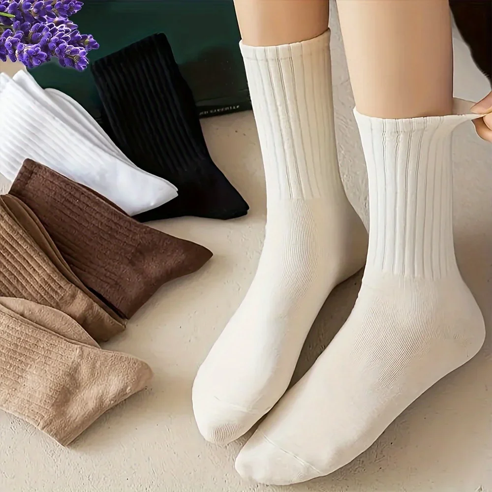 6 pares de meias femininas de cor sólida com listras verticais estilo casual, adequadas para uso casual, meias muito minimalistas e respiráveis