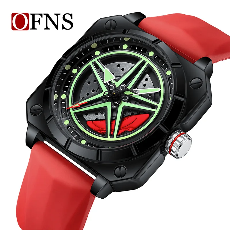 OFNS 8017 Men Quartz Watch Fashion Square Pentagram Stars Unique Green Silicone Strap Wristwatch for Male Boy Gift Clock