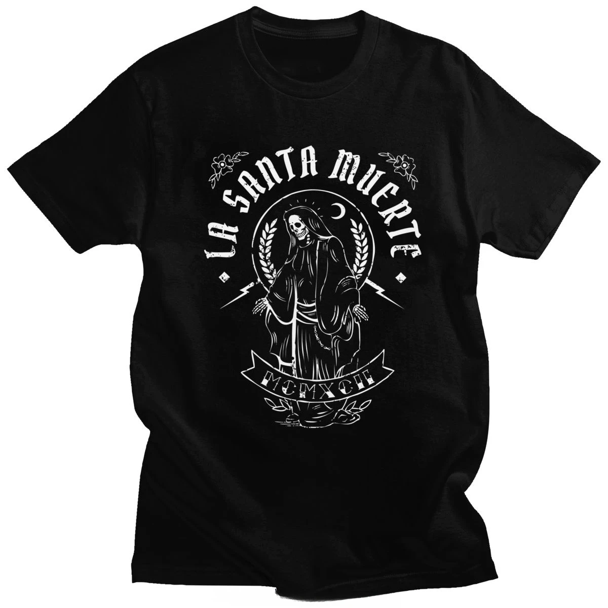 Goth mexicano muertos mãe crânio camiseta topo de algodão t camisa streetwear la santa muerte tshirt masculino manga curta santa morte camiseta