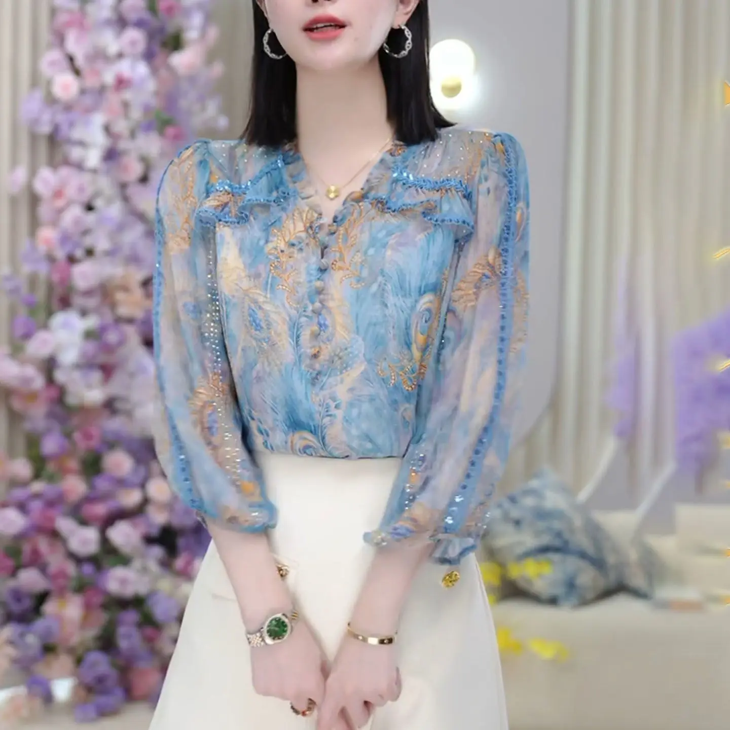 

Новая женская рубашка из шифона с цветочным принтом, синяя, с V-образным вырезом, с длинными рукавами, базовая модель, коллекция Весна-Лето 2026