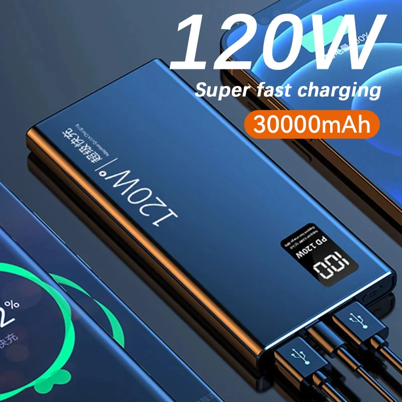 30000 mAh Power Bank 120W Super Fast Charging 100% Sufficient Capacity Portable Battery Charger For iPhone Xiaomi Huawei