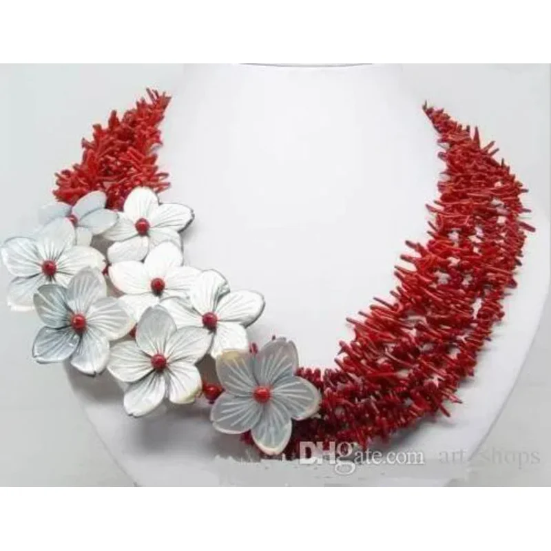 

Charming !!! natural red coral shell flower nelace