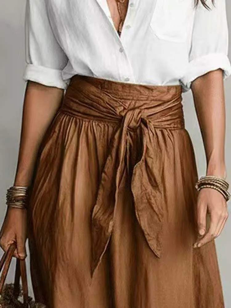 

Women's Casual Linen Blend Maxi Skirt High Waist Tie Front A Line Long Skirt Summer Boho Solid Color Loose Fit Flowy Skirt Set
