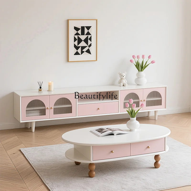 

Household TV Cabinet French Cream Wind Solid Wood TV Cabinet Coffee Table Combination