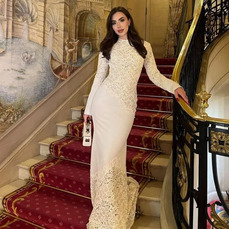 Weißes Spitzen-Meerjungfrauenkleid mit Langen Ärmeln, O-Ausschnitt, Figurbetontes Maxikleid, Elegantes Damenkleid für Hochzeit, Party, Formelle Anlässe und Abschlussball – Detail 5