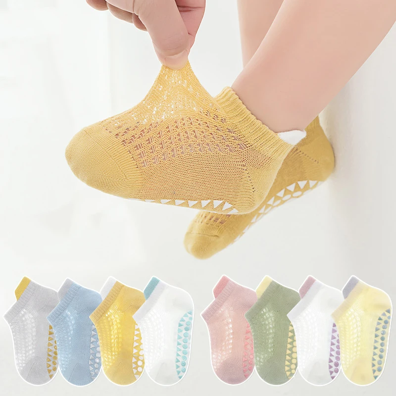 4Pairs Thin Kids Baby Boat Socks For Infants Cotton Floor Socks Summer Mesh Trampoline Children Toddlers Non-slip Socks 0-5Y