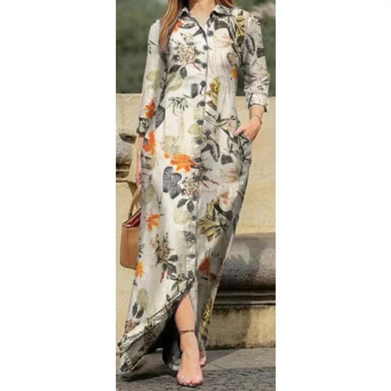 Women\'s holiday casual lapel long sleeved robe long floral printed cotton dress button up shirt long style