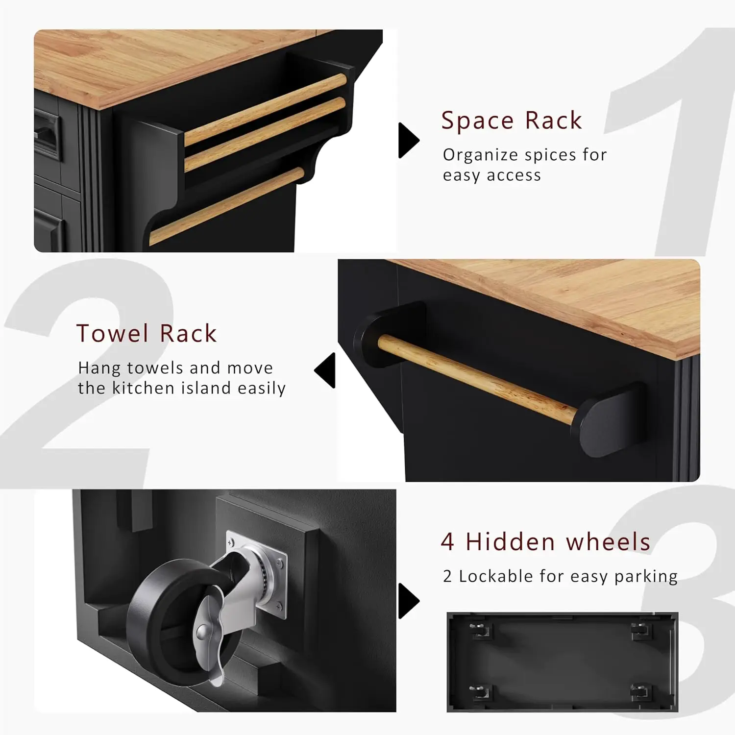 Mobile Kitchen Island with , 4 Doors, 3 Drawers, Side Racks, Rubberwood Top & Locking Wheels, Black, Customized