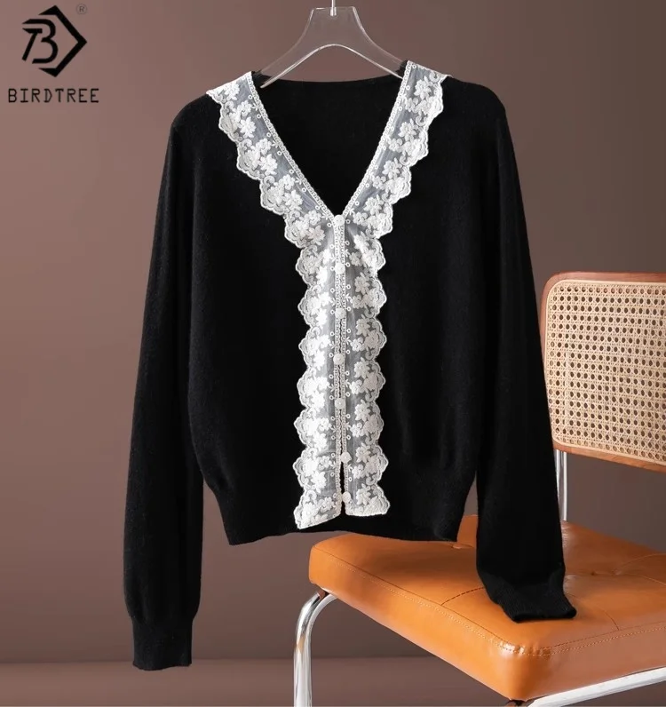 

Birdtree 100% Sheep Wool Lace Knitted Sweater,Woman V-neck Full Sleeve Undershirt,2025 Autumn Warmth Black Pullover T59803JF