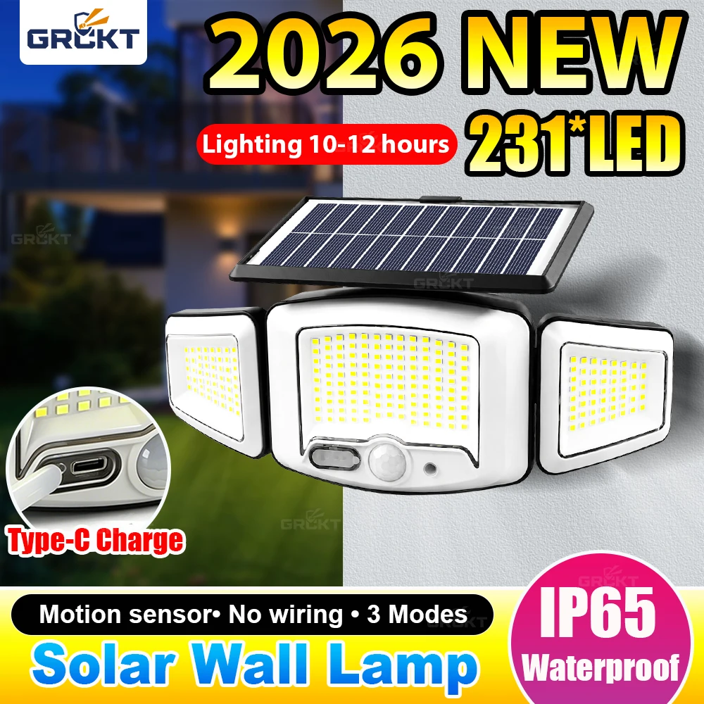 2026 New 231LED Soalr Wall Light Motion Sensor Outdoor Waterproof IP65 USB C Rechargeable Garden Solar Lamps Security Floodlight