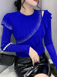 Sexy Lace Base Shirt Women's Spring Autumn Unique Hollow out Long Sleeve T-Shirt Korean Style Commute Bright Thread Decorated