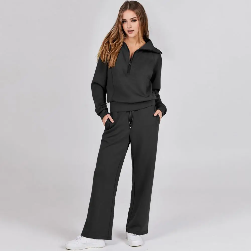 

Women Two-piece Set Stylish Women's Lapel Sweatshirt Wide Leg Trousers Set Adjustable Waist Solid Color Long For Spring/fall