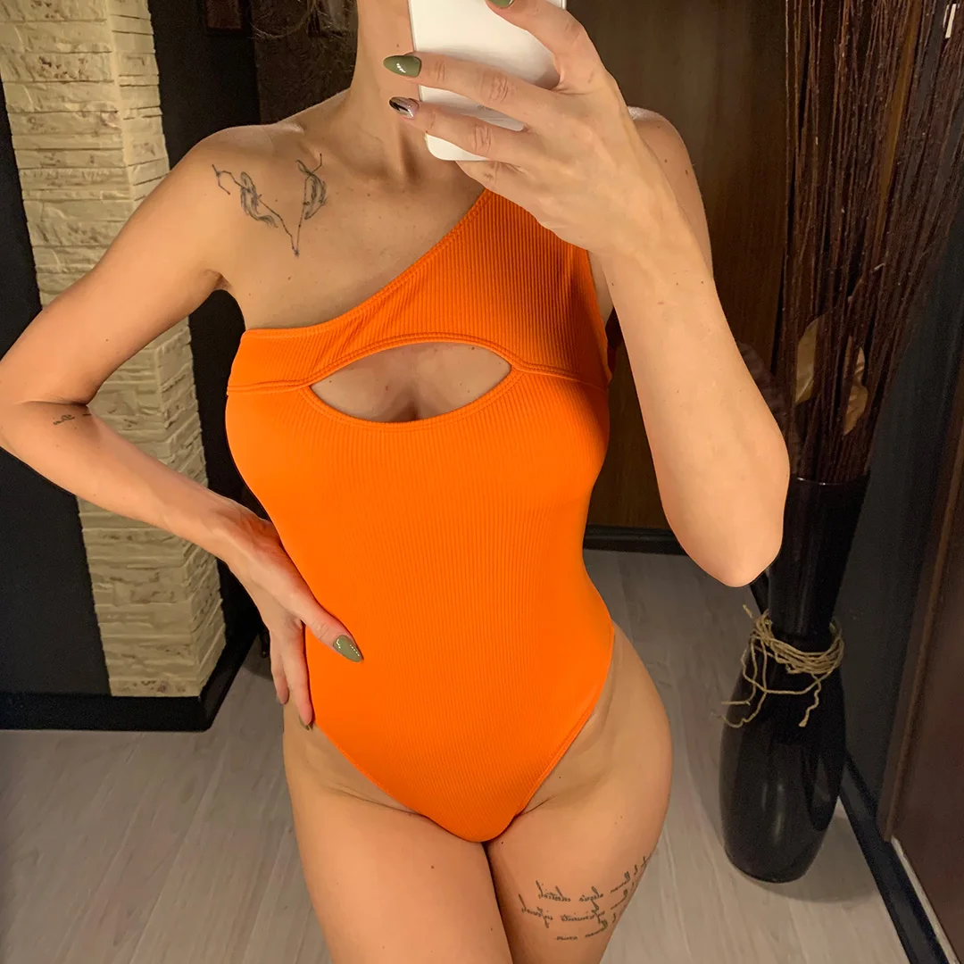 Einschultriger Monokini-Badeanzug mit Cut-Outs, gerippt, orange, einteiliger Badeanzug, sexy, schwarz, Damen-Bademode V1981 – Detail 10