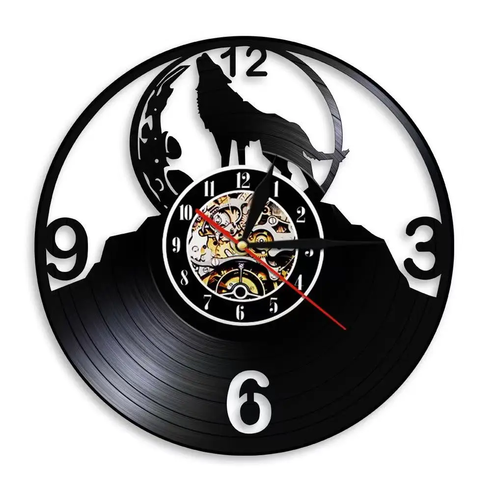 Steampunk Howling Wolf Moon Vinyl Record Wall Clock LED Retro Backlight Silent Gear Movement Gothic Room Decor for Music Lovers