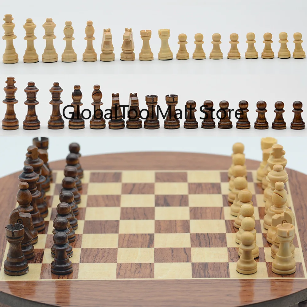 High Quality Magnetic Wooden Chess Set Educational Round Rotatable Drawer Board Game with Leather Pieces for Backgammon Players