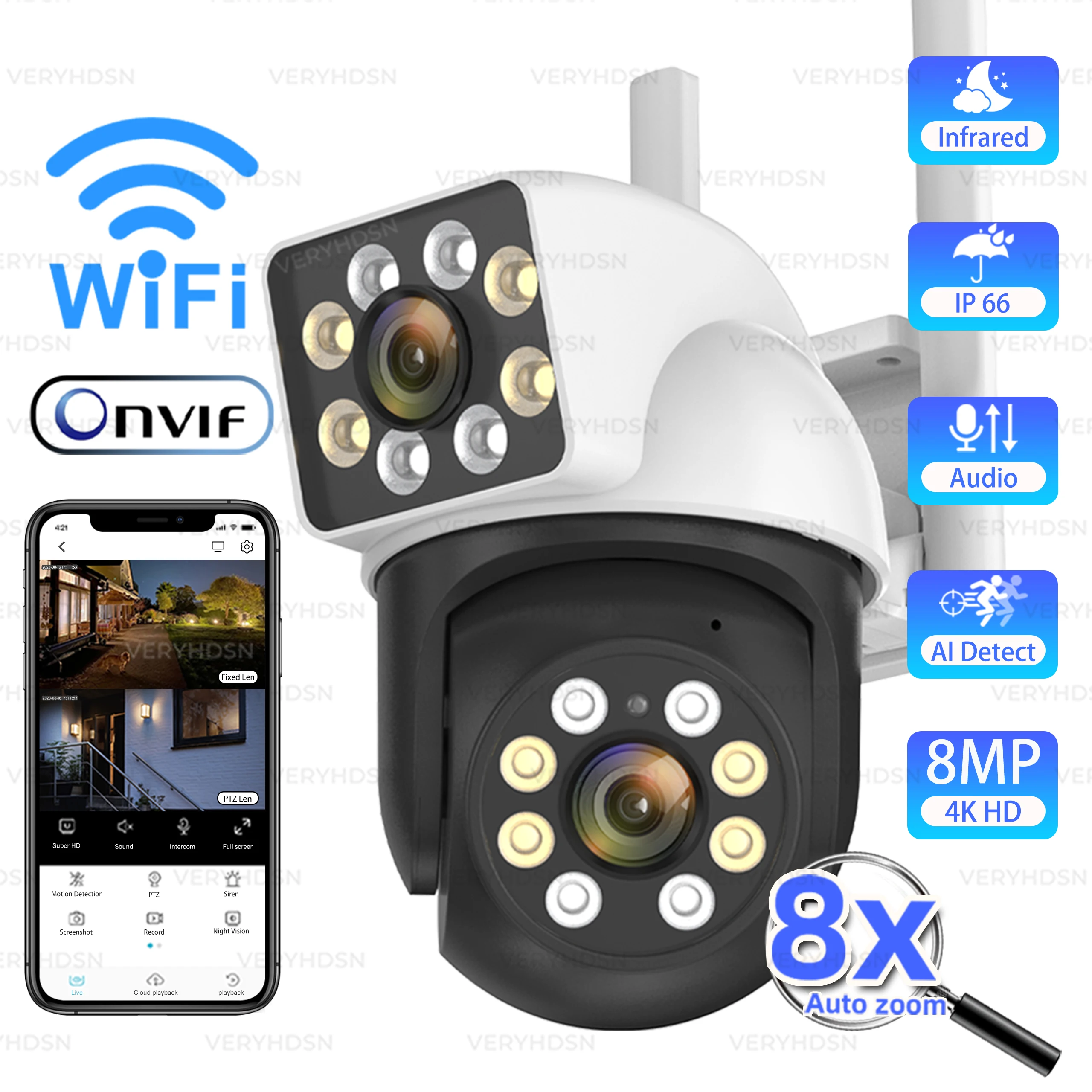 4K 8MP PTZ WIFI Câmera Dual Lens Dual Screen Câmera IP Ao Ar Livre 8X Zoom AI Humano Detectar Full Color Night Vision Vigilância CCTV cameras vigilância wifi externa prova dagua prova água externa