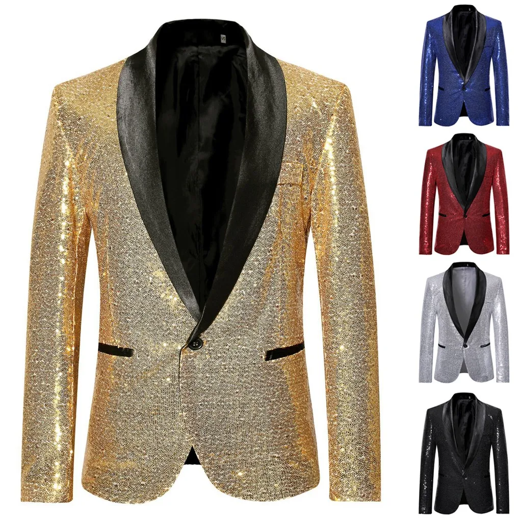 Shiny Gold Sequin Glitter Embellished Blazer Jacket Men Nightclub Prom Suit Blazer Men Costume Homme Stage Clothes For singers