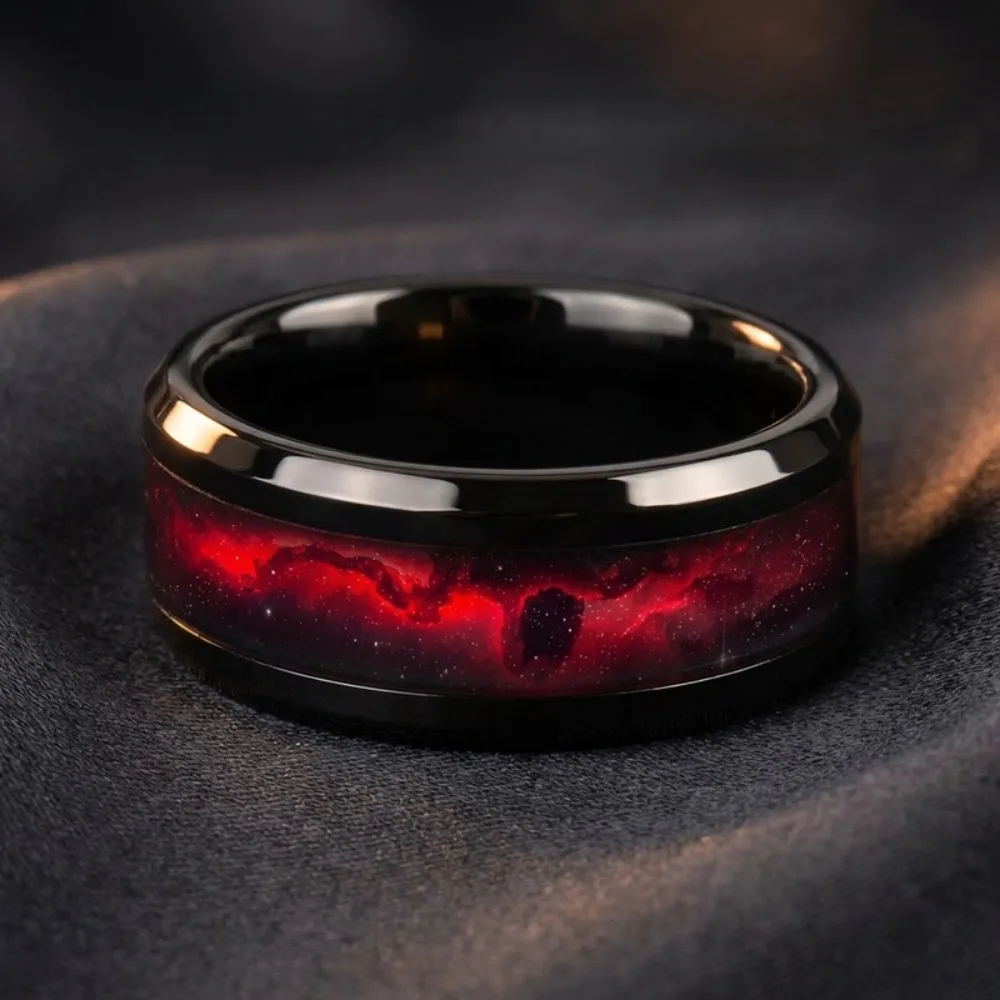 SUNFLOWERZHU Double Bevel Polished Steel Ring Jewelry Fashion Men Red Planet Black Stainless Steel Rings Women Wedding Band