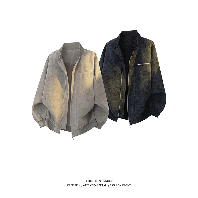 Spring Autumn Windproof Breathable Trendy Couple Baseball Jacket Fishing Casual Fashion Tie Dyeing Imitation Leather Jacket