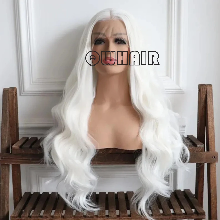 QW Synthetic Hair White  Blonde  Wavy Body Wave Soft 13X4 Lace Front Wig For Women Hair Heat Resistant Fiber Cosplay  Daily