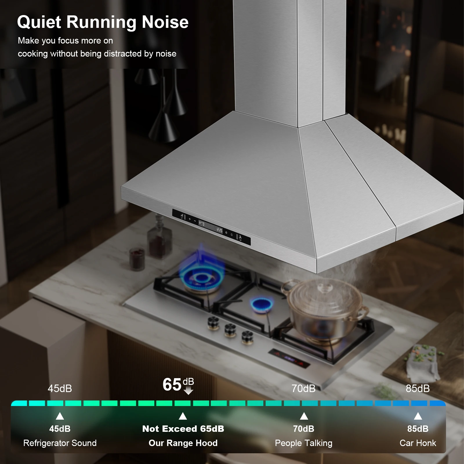 30" Stainless Steel 700CFM, Touch/Gesture Control, LED Light, 3-Speed, 65dB Quiet Island Range Hood